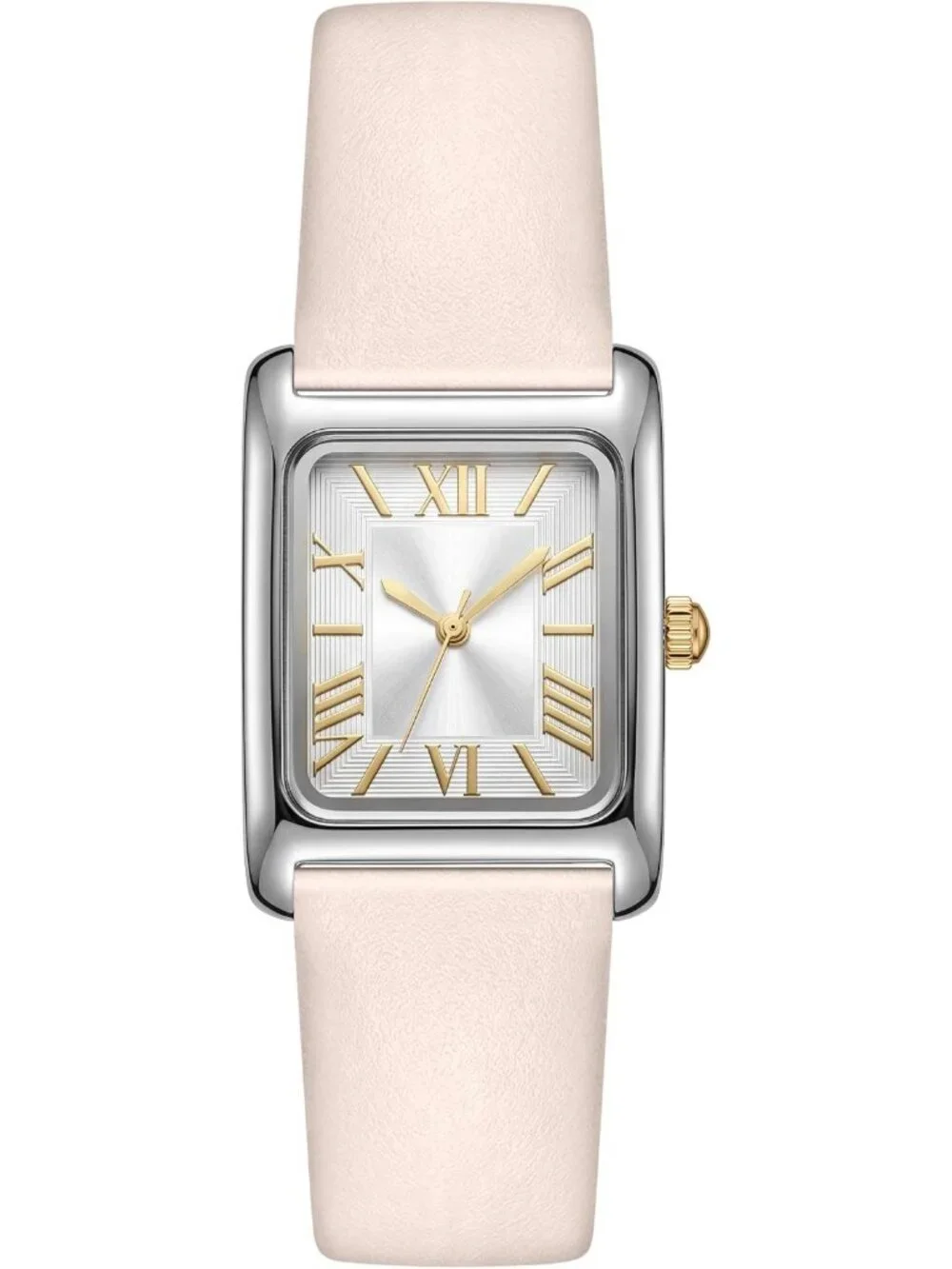 Women's Pink Silver Roman Numeral Leather Strap Square Face Analog Vintage Watch